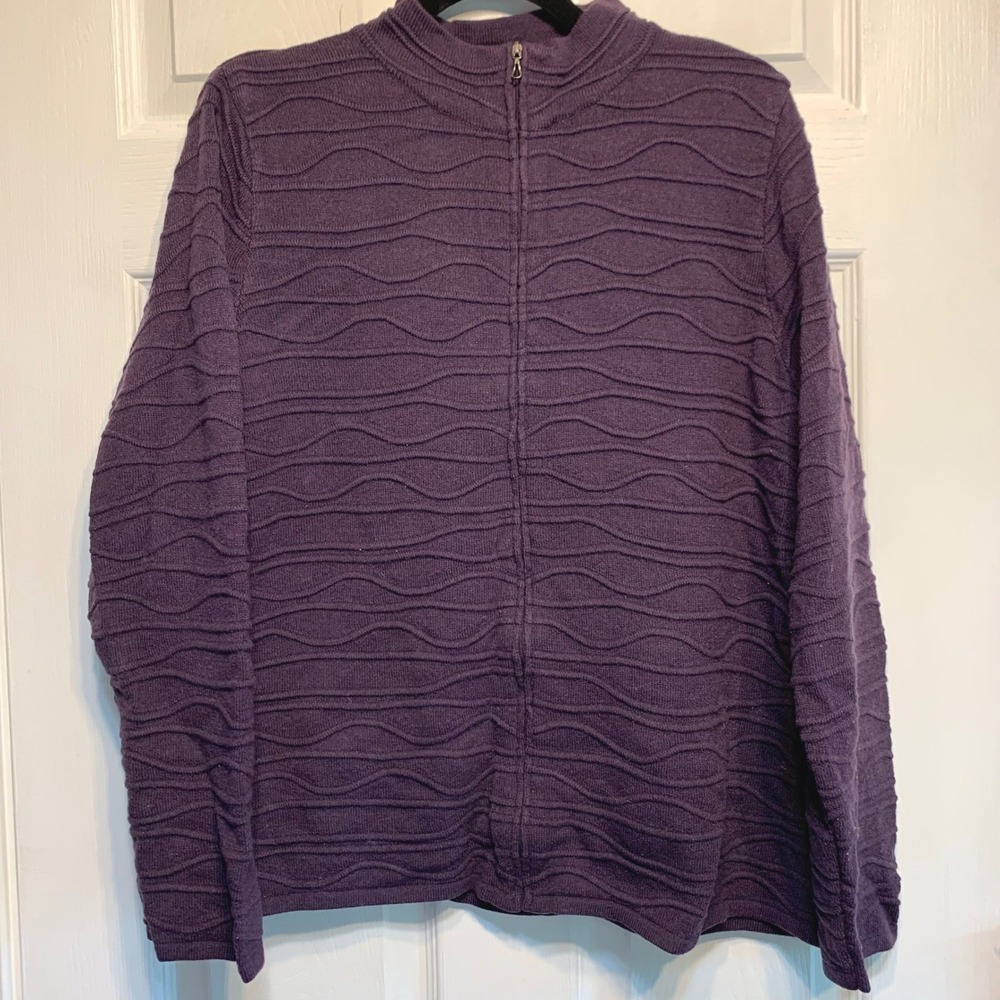 Coldwater Creek Cardigan 1X Purple Wavy Textured Full Zip Sweater Cottagecore